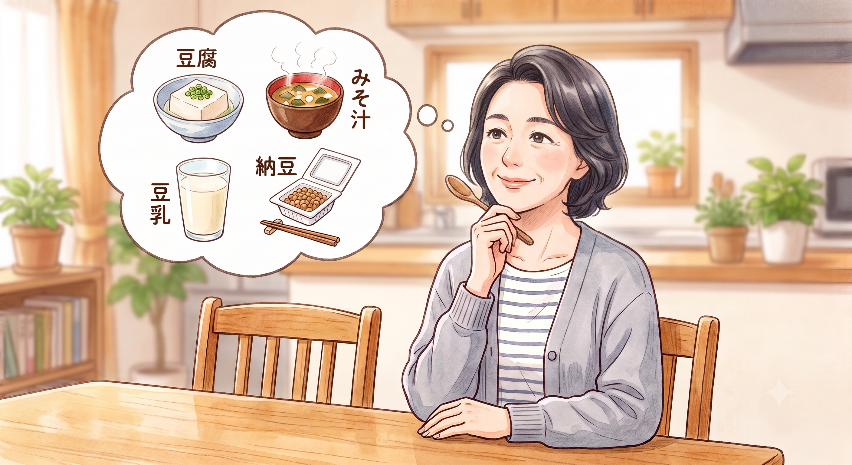 豆腐・みそ汁・納豆・豆乳などの大豆食品を思い浮かべる女性のイラスト