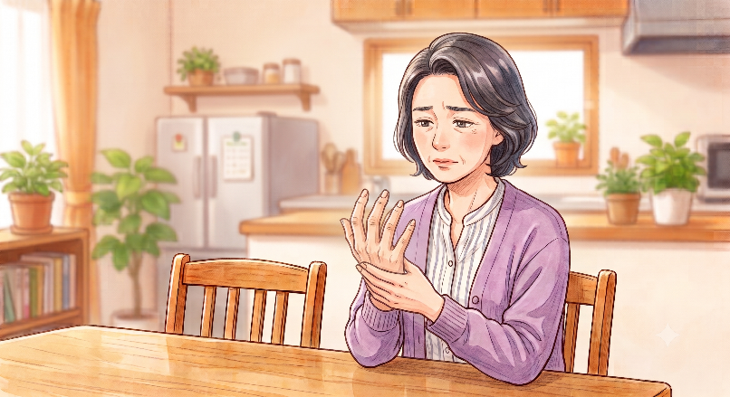 手指の痛みを気にする女性のイラスト