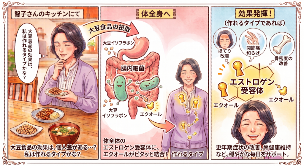 大豆食品から腸内細菌がエクオールを作り、エストロゲン受容体に結合して働くまでを描いたマンガ