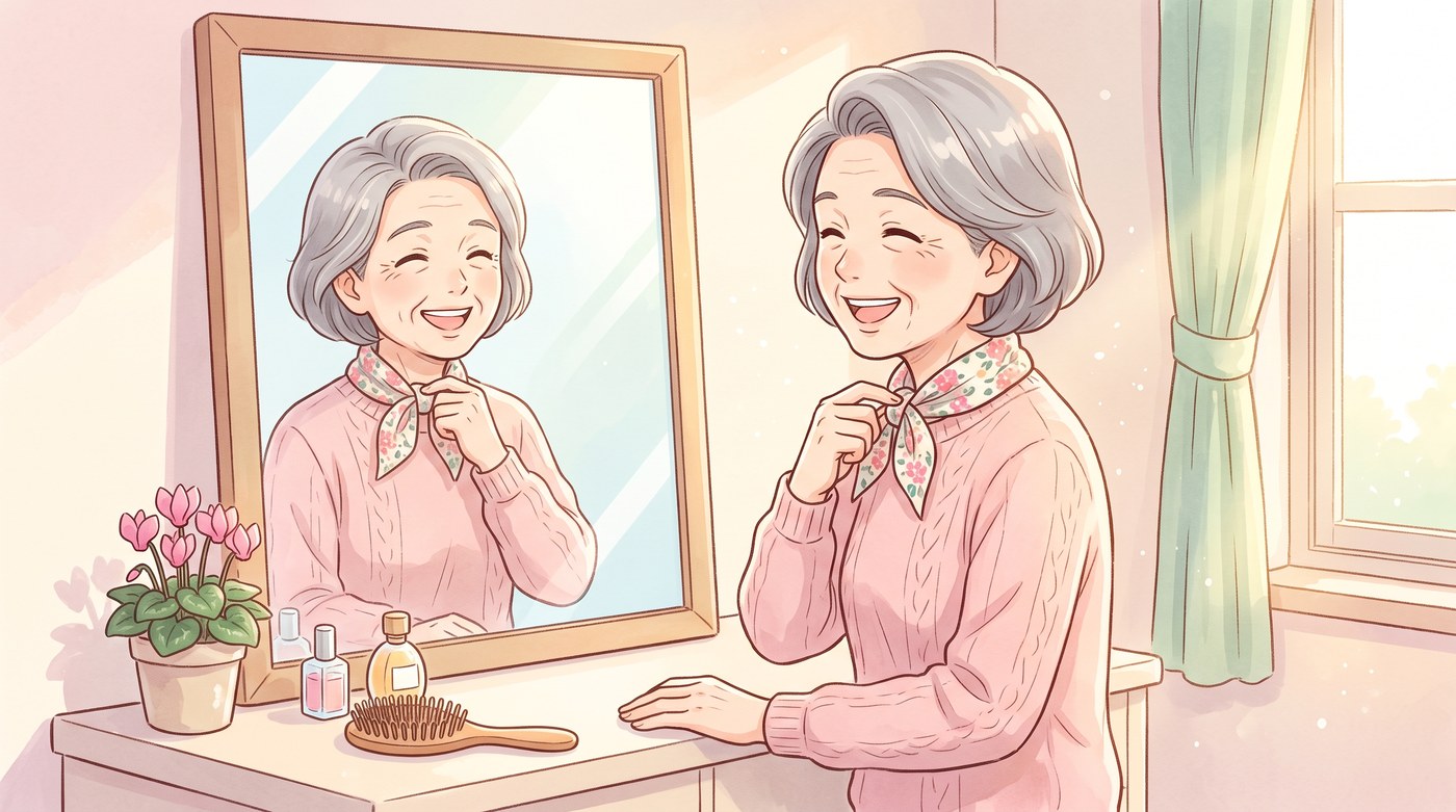鏡の前で笑顔になるシニア女性のイラスト