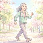 桜並木を元気に散歩するシニア女性のイラスト