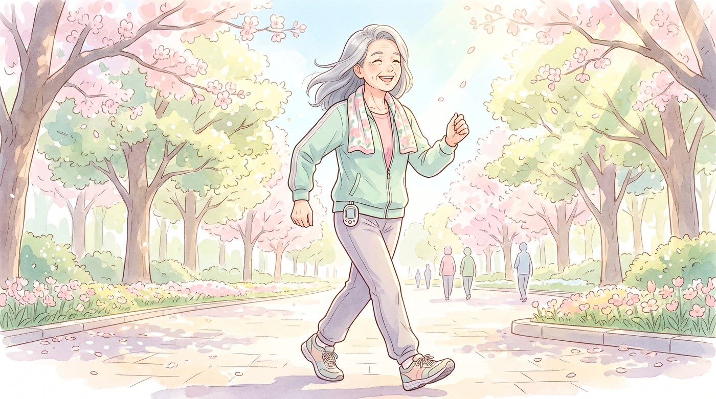 桜並木を元気に散歩するシニア女性のイラスト