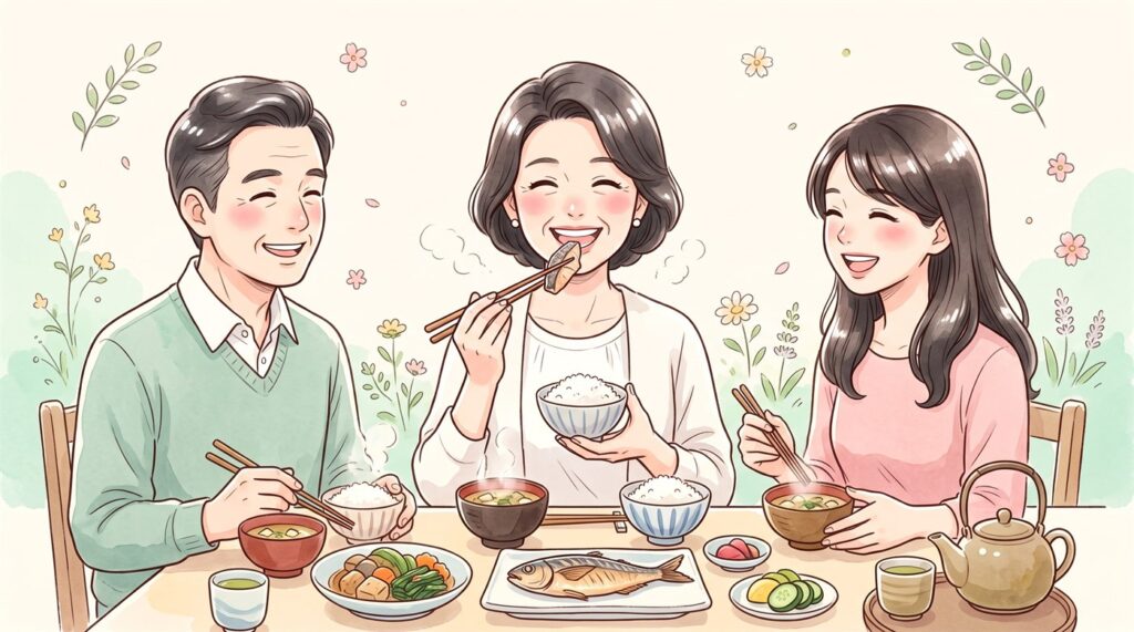 食卓を囲んで食事を楽しんでいる中高年の女性
