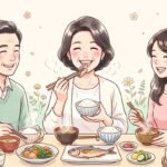 食卓を囲んで食事を楽しんでいる中高年の女性